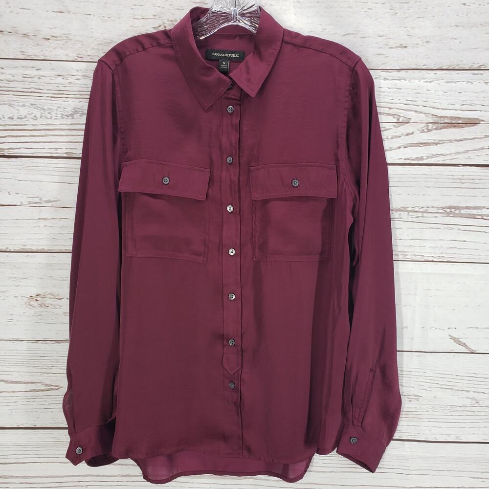 Banana Republic New Flawed Maroon Satin Long Sleeve Top Size Small